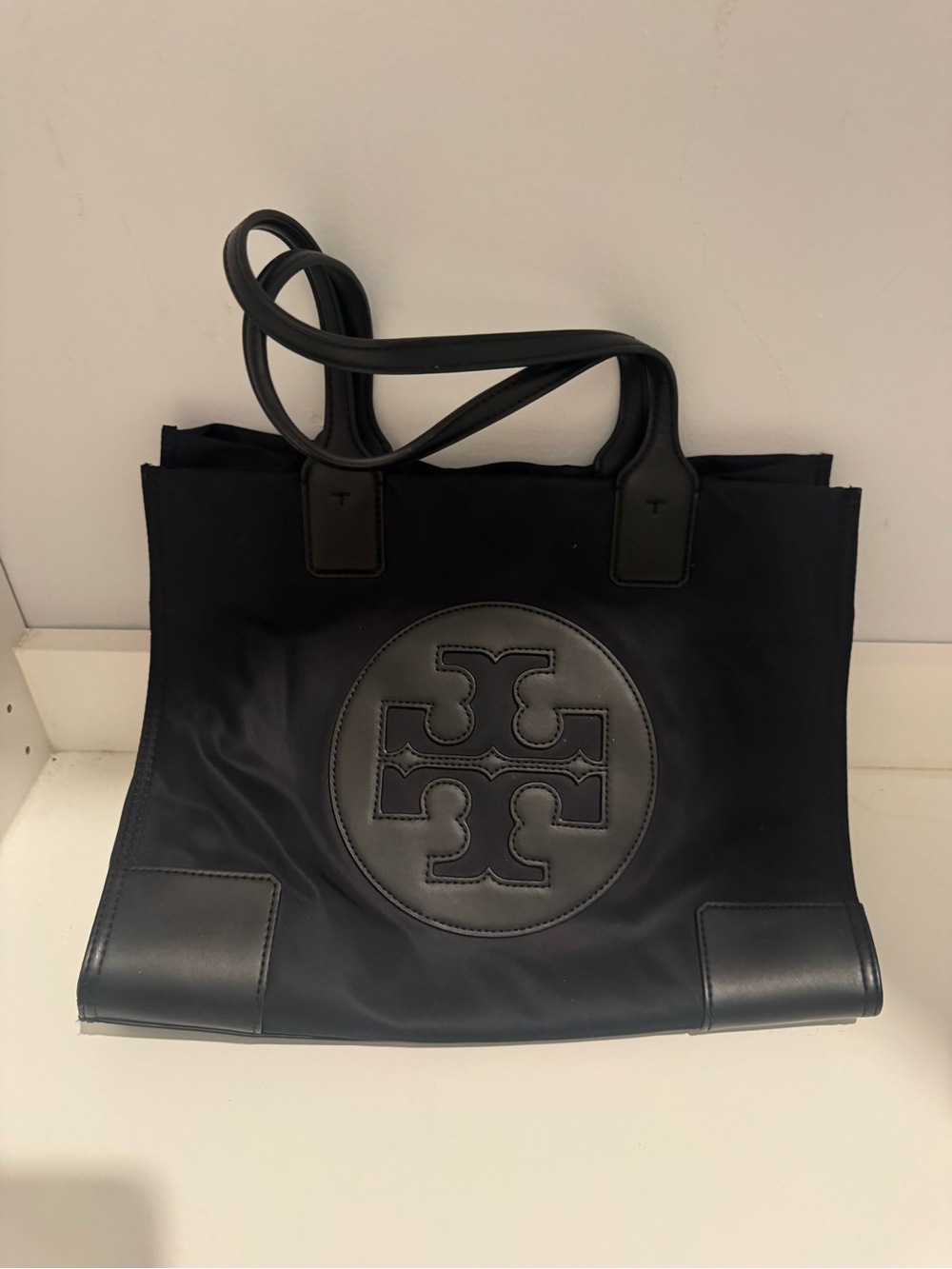Tory Burch Black Logo Tote with Leather Trim